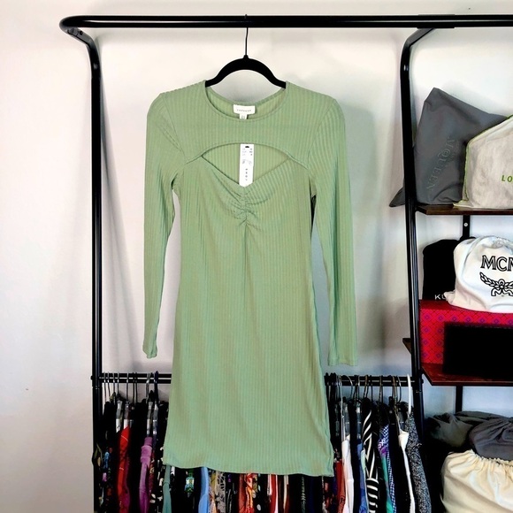 Topshop Ribbed Sage Green Cutout Bodycon Dress - Picture 1 of 6